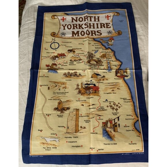 Vintage Clive Mayor Yorkshire Made in Britain Tea Towel Blue Souvenir Map Cotton - Picture 1 of 8